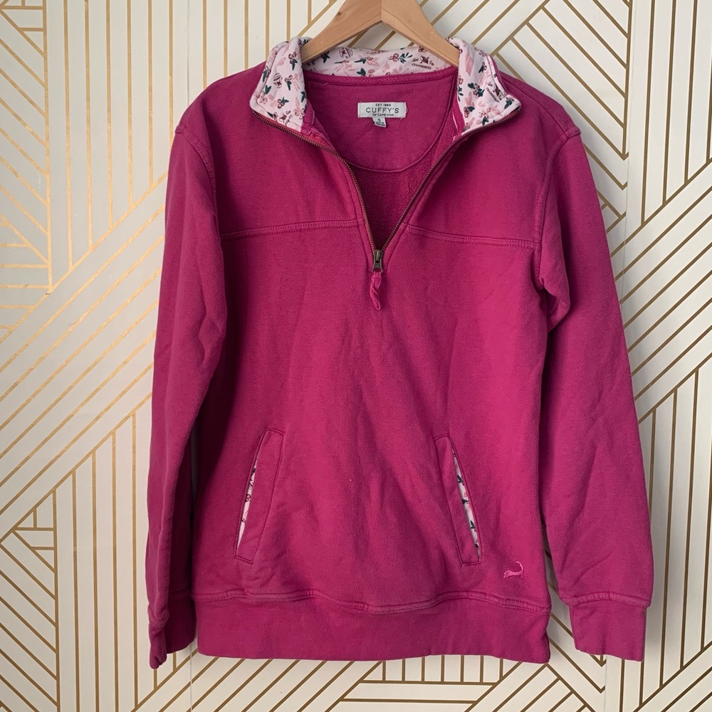 Cuffy’s of Cape Cod floral Pink quarter zip collared pullover kangaroo pocket S